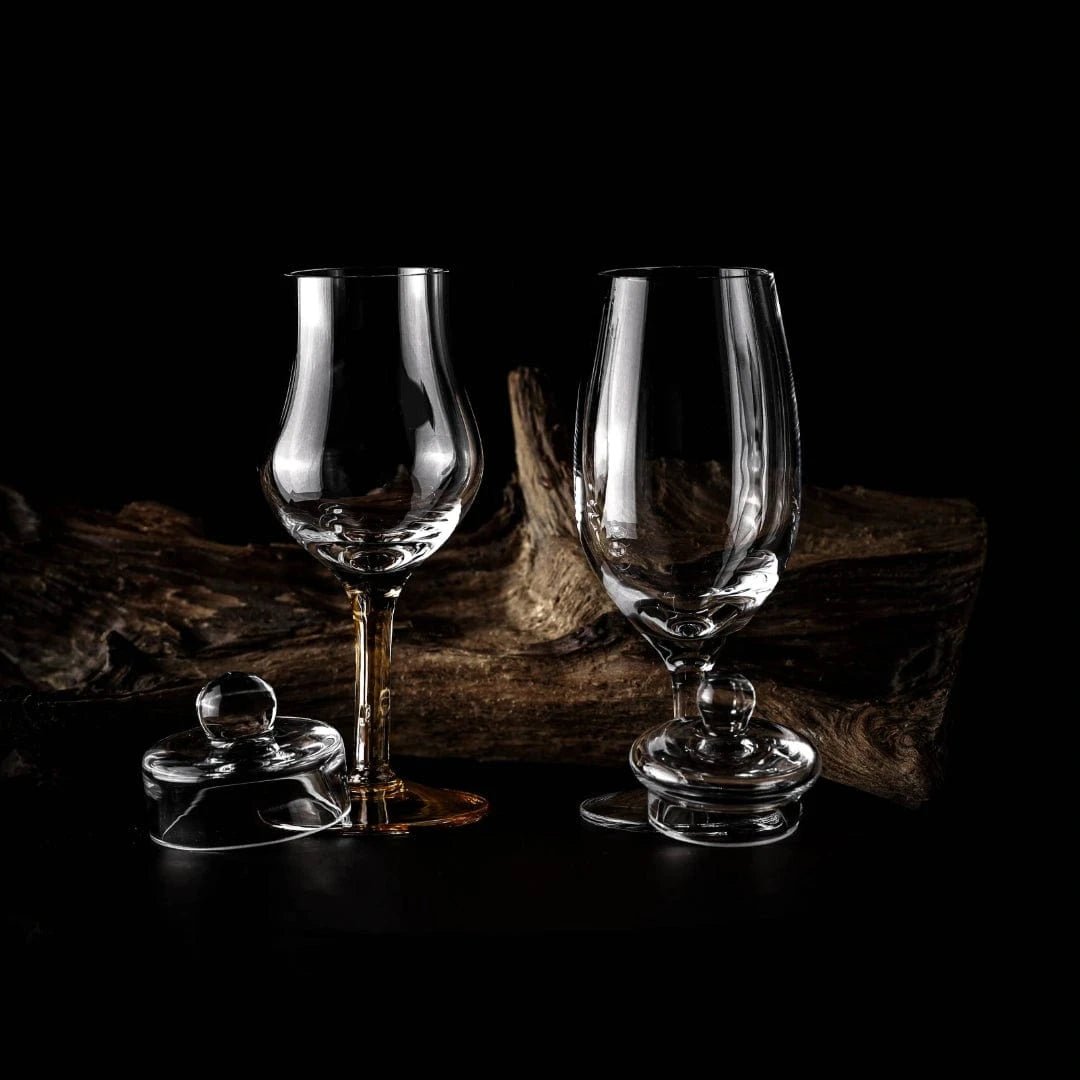 Amber Tasting Box – 2 Hand - Blown Whisky Glasses with Lids – Amber Glass - Mood4whisky